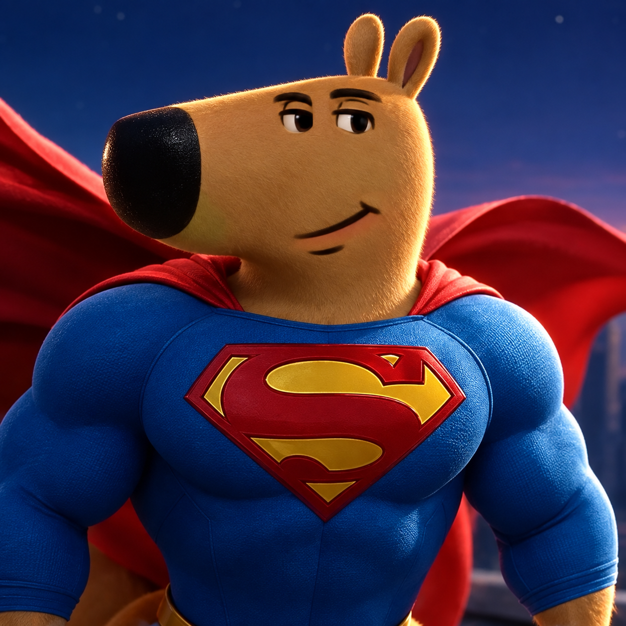 Super Chill Guy character in a red cape